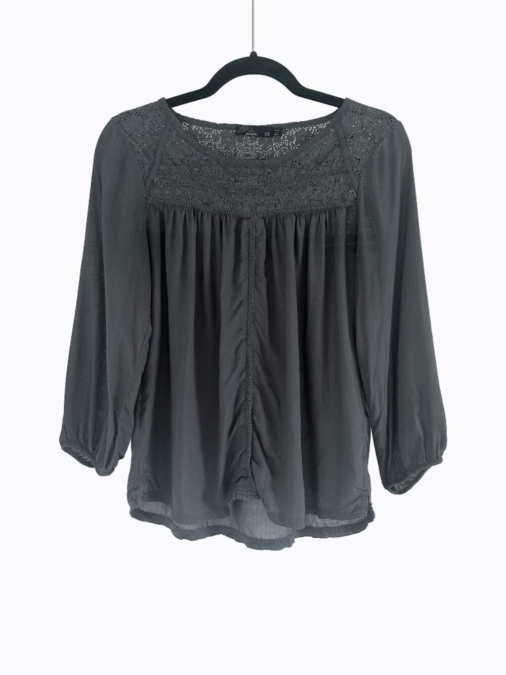 Prana Robyn Gray Lace Peasant Top XS Crochet 3/4 Balloon Sleeve Boho Cottagecore